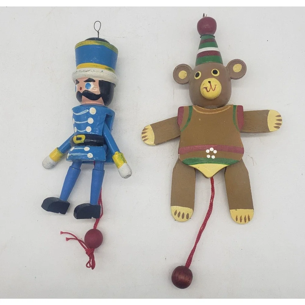 Lot of 2 VTG Wooden Pull String Toy / Christmas Ornament. Taiwan. Soldier & Bear